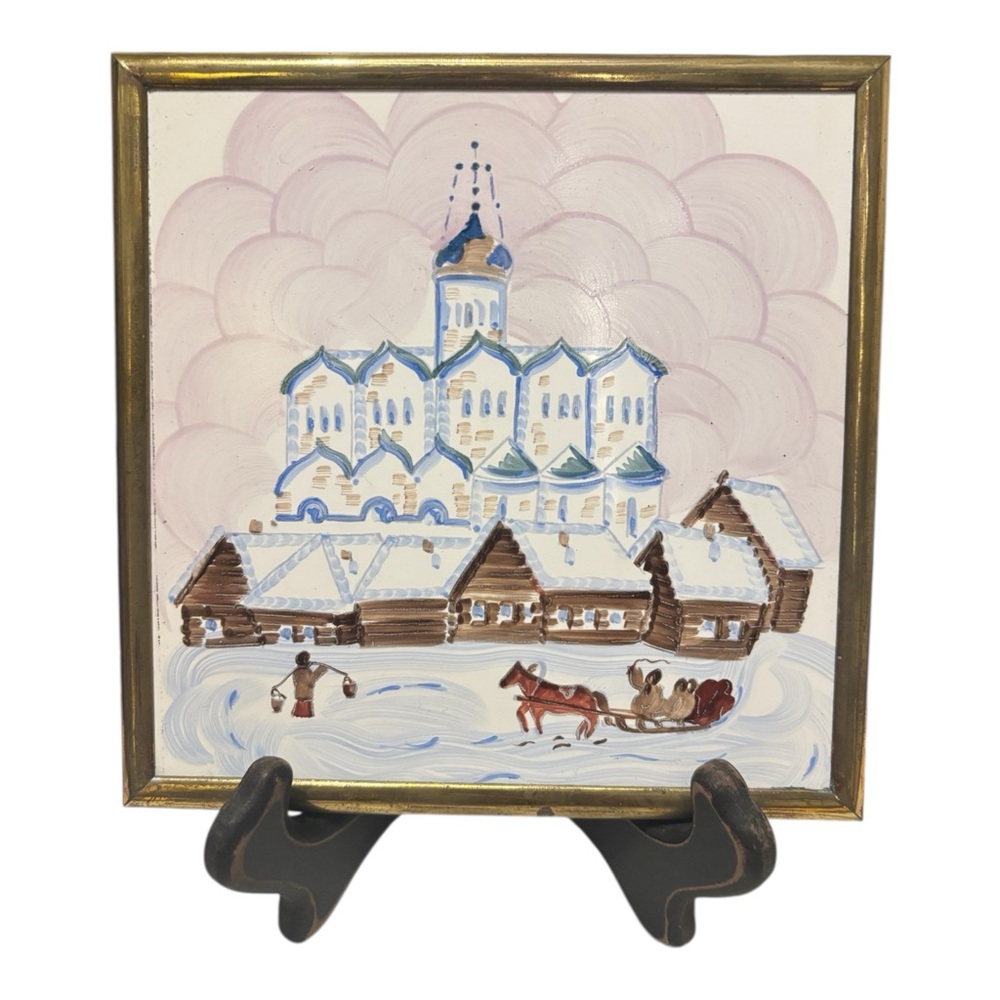 Russian (FINIFT) Hand-Painted Winter Village Folk Art Tile Art - from 80’s